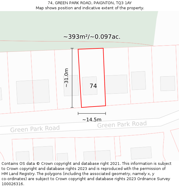 74, GREEN PARK ROAD, PAIGNTON, TQ3 1AY: Plot and title map