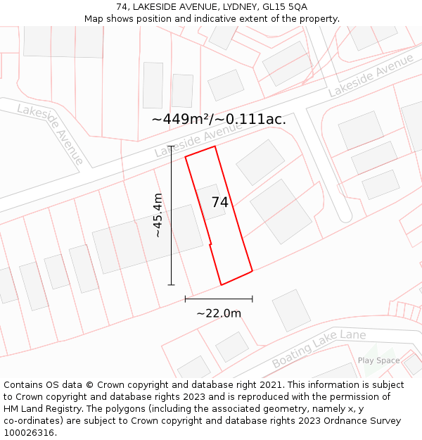 74, LAKESIDE AVENUE, LYDNEY, GL15 5QA: Plot and title map