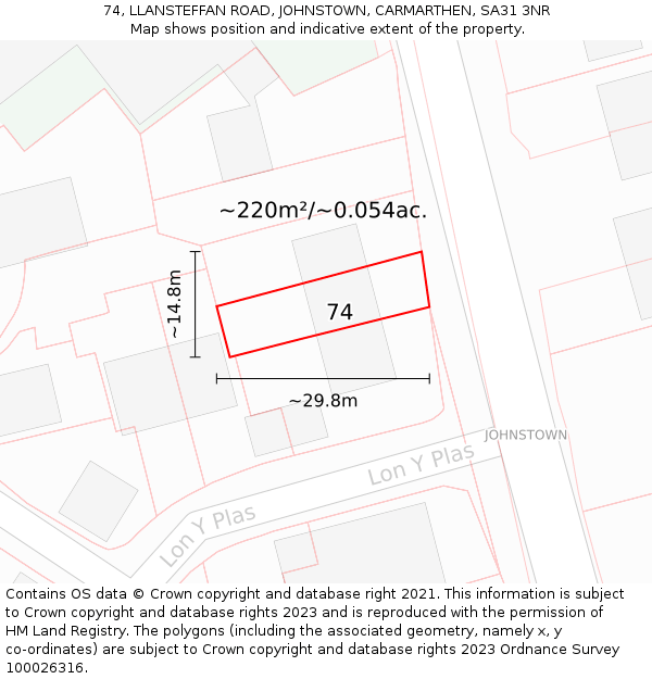 74, LLANSTEFFAN ROAD, JOHNSTOWN, CARMARTHEN, SA31 3NR: Plot and title map