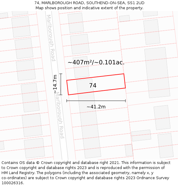 74, MARLBOROUGH ROAD, SOUTHEND-ON-SEA, SS1 2UD: Plot and title map