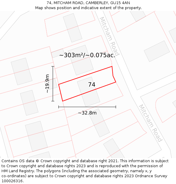 74, MITCHAM ROAD, CAMBERLEY, GU15 4AN: Plot and title map