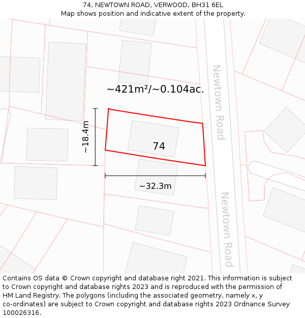 74, NEWTOWN ROAD, VERWOOD, BH31 6EL: Plot and title map