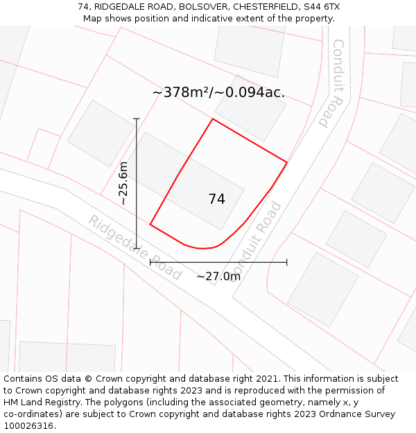 74, RIDGEDALE ROAD, BOLSOVER, CHESTERFIELD, S44 6TX: Plot and title map