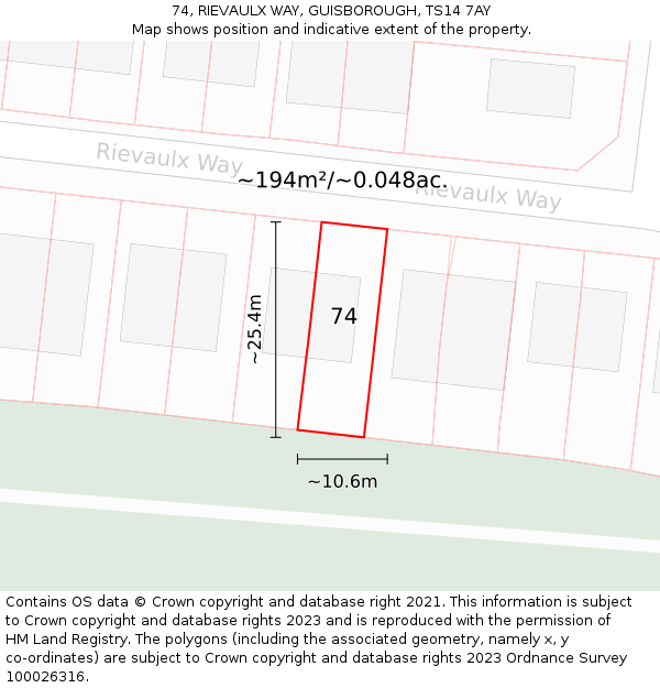 74, RIEVAULX WAY, GUISBOROUGH, TS14 7AY: Plot and title map