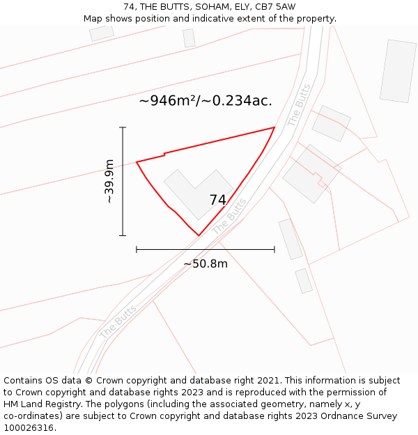 74, THE BUTTS, SOHAM, ELY, CB7 5AW: Plot and title map