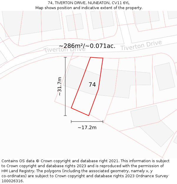 74, TIVERTON DRIVE, NUNEATON, CV11 6YL: Plot and title map