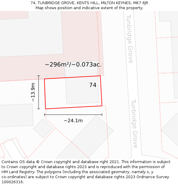 74, TUNBRIDGE GROVE, KENTS HILL, MILTON KEYNES, MK7 6JR: Plot and title map