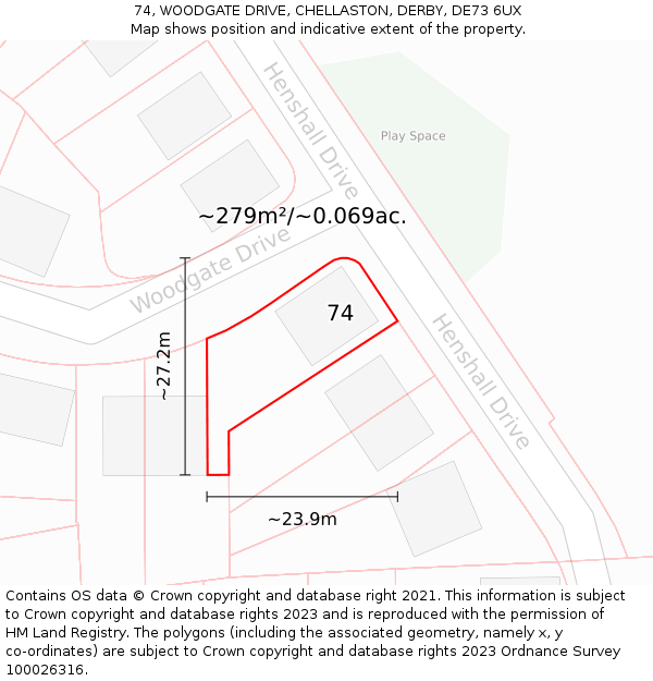 74, WOODGATE DRIVE, CHELLASTON, DERBY, DE73 6UX: Plot and title map