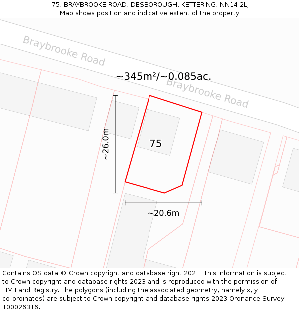 75, BRAYBROOKE ROAD, DESBOROUGH, KETTERING, NN14 2LJ: Plot and title map