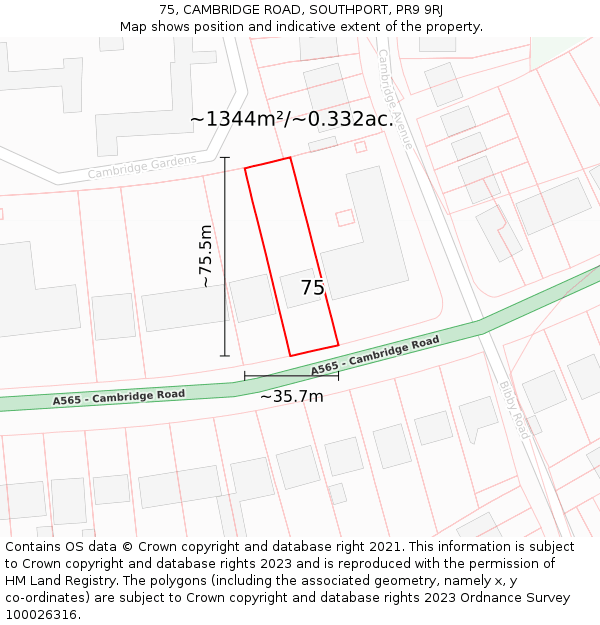 75, CAMBRIDGE ROAD, SOUTHPORT, PR9 9RJ: Plot and title map