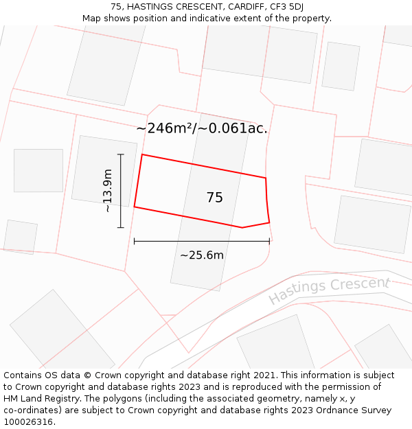 75, HASTINGS CRESCENT, CARDIFF, CF3 5DJ: Plot and title map