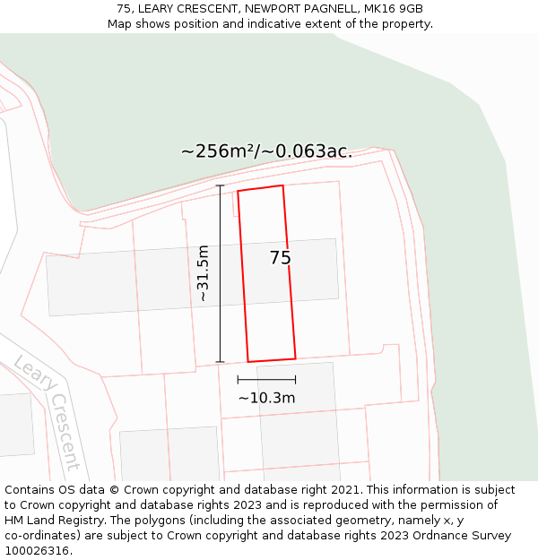 75, LEARY CRESCENT, NEWPORT PAGNELL, MK16 9GB: Plot and title map