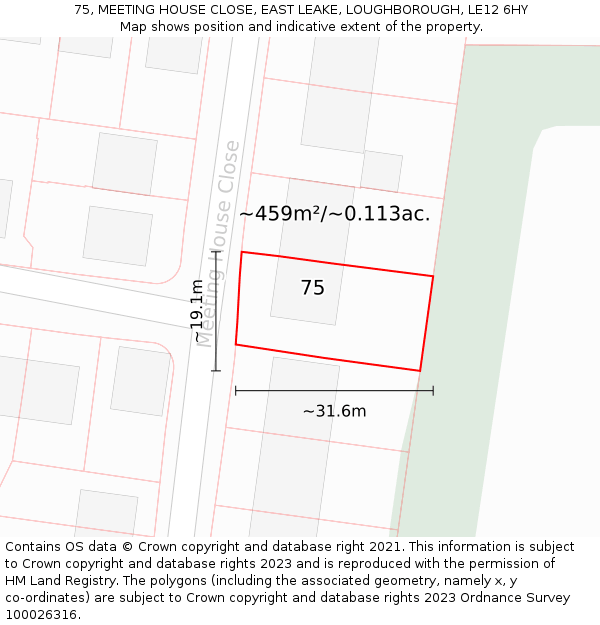 75, MEETING HOUSE CLOSE, EAST LEAKE, LOUGHBOROUGH, LE12 6HY: Plot and title map