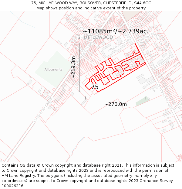 75, MICHAELWOOD WAY, BOLSOVER, CHESTERFIELD, S44 6GG: Plot and title map