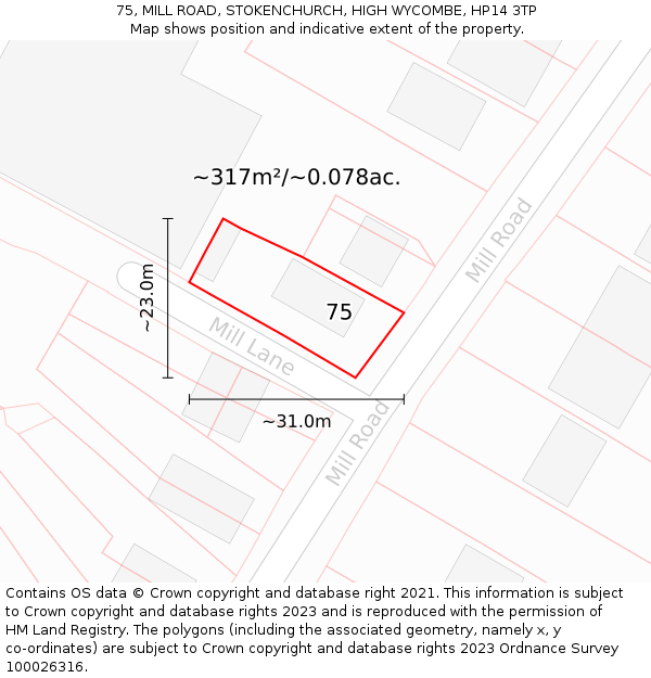 75, MILL ROAD, STOKENCHURCH, HIGH WYCOMBE, HP14 3TP: Plot and title map