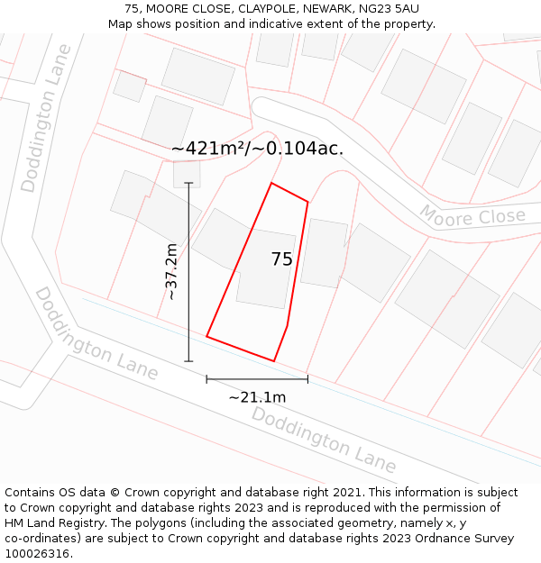 75, MOORE CLOSE, CLAYPOLE, NEWARK, NG23 5AU: Plot and title map