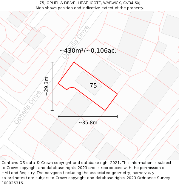 75, OPHELIA DRIVE, HEATHCOTE, WARWICK, CV34 6XJ: Plot and title map