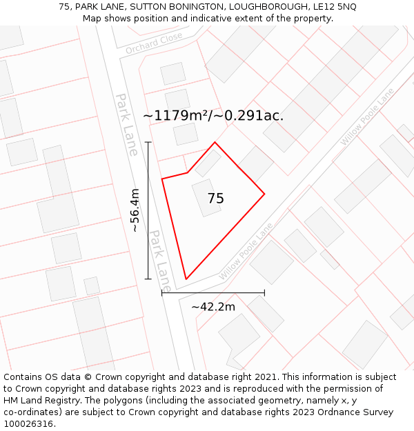 75, PARK LANE, SUTTON BONINGTON, LOUGHBOROUGH, LE12 5NQ: Plot and title map