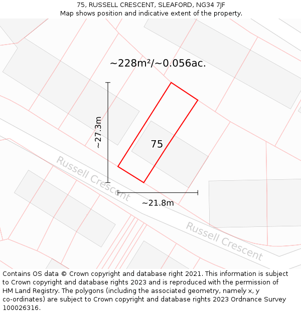 75, RUSSELL CRESCENT, SLEAFORD, NG34 7JF: Plot and title map