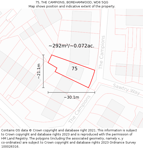 75, THE CAMPIONS, BOREHAMWOOD, WD6 5QG: Plot and title map