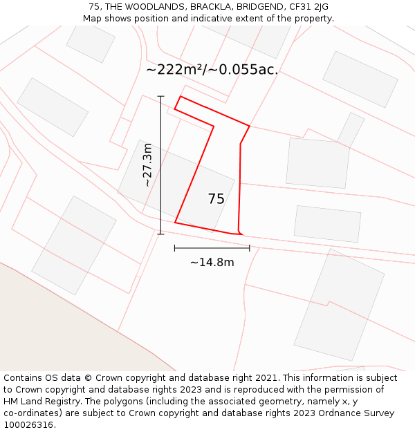 75, THE WOODLANDS, BRACKLA, BRIDGEND, CF31 2JG: Plot and title map