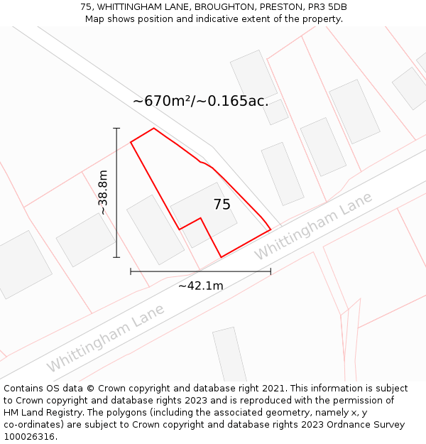 75, WHITTINGHAM LANE, BROUGHTON, PRESTON, PR3 5DB: Plot and title map