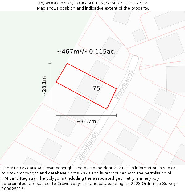 75, WOODLANDS, LONG SUTTON, SPALDING, PE12 9LZ: Plot and title map