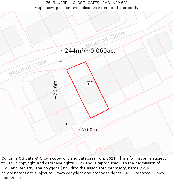 76, BLUEBELL CLOSE, GATESHEAD, NE9 6RF: Plot and title map