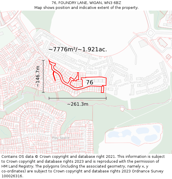 76, FOUNDRY LANE, WIGAN, WN3 6BZ: Plot and title map