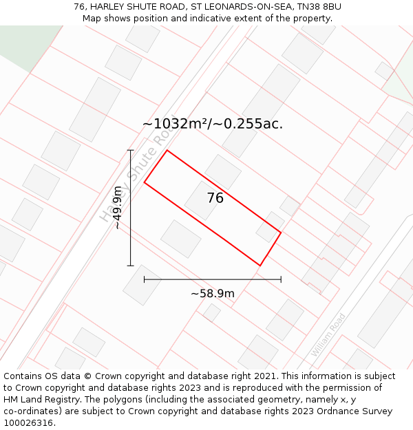 76, HARLEY SHUTE ROAD, ST LEONARDS-ON-SEA, TN38 8BU: Plot and title map