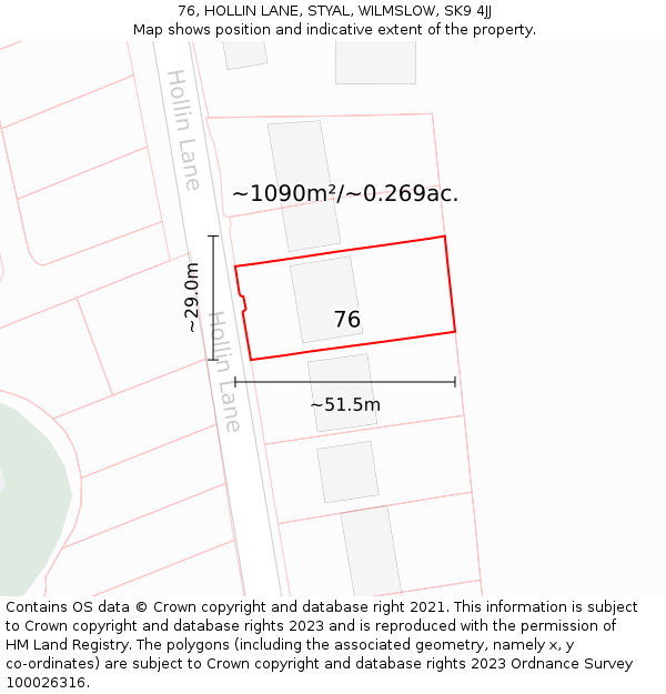 76, HOLLIN LANE, STYAL, WILMSLOW, SK9 4JJ: Plot and title map