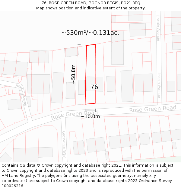 76, ROSE GREEN ROAD, BOGNOR REGIS, PO21 3EQ: Plot and title map