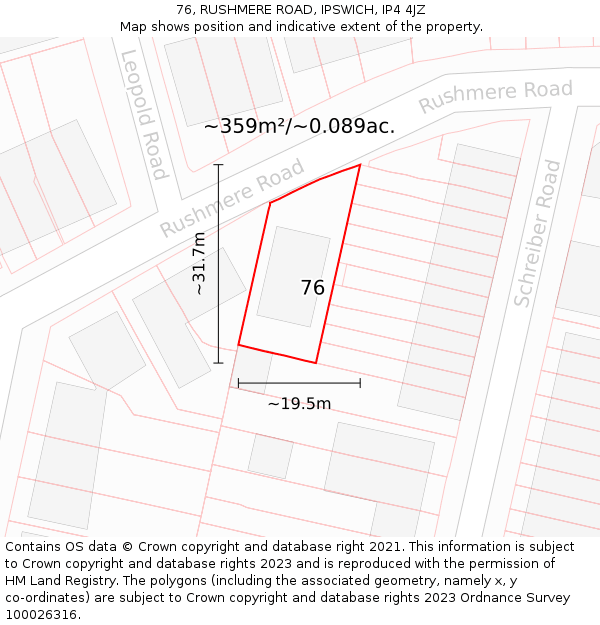 76, RUSHMERE ROAD, IPSWICH, IP4 4JZ: Plot and title map