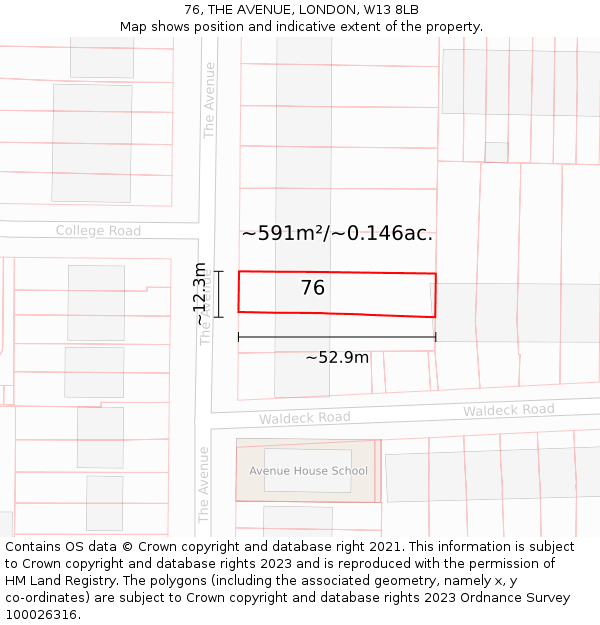 76, THE AVENUE, LONDON, W13 8LB: Plot and title map