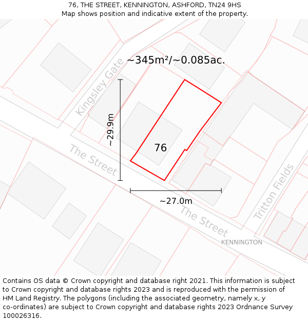 76, THE STREET, KENNINGTON, ASHFORD, TN24 9HS: Plot and title map