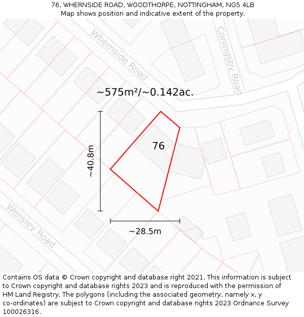 76, WHERNSIDE ROAD, WOODTHORPE, NOTTINGHAM, NG5 4LB: Plot and title map