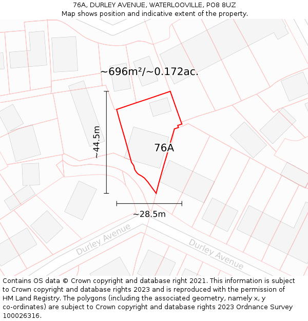 76A, DURLEY AVENUE, WATERLOOVILLE, PO8 8UZ: Plot and title map