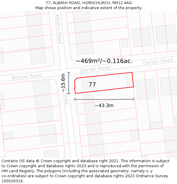 77, ALBANY ROAD, HORNCHURCH, RM12 4AG: Plot and title map