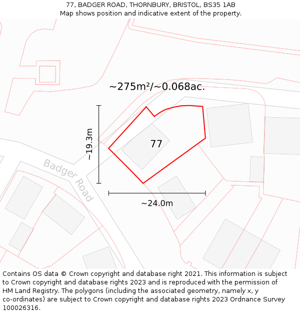 77, BADGER ROAD, THORNBURY, BRISTOL, BS35 1AB: Plot and title map