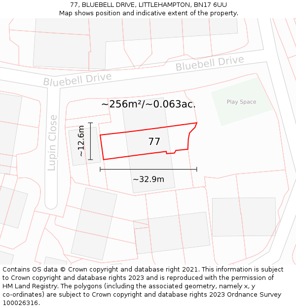 77, BLUEBELL DRIVE, LITTLEHAMPTON, BN17 6UU: Plot and title map