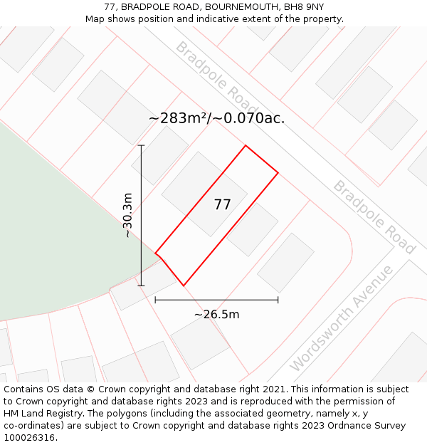 77, BRADPOLE ROAD, BOURNEMOUTH, BH8 9NY: Plot and title map