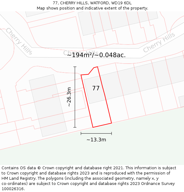 77, CHERRY HILLS, WATFORD, WD19 6DL: Plot and title map