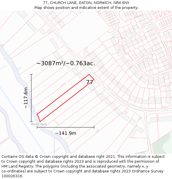 77, CHURCH LANE, EATON, NORWICH, NR4 6NY: Plot and title map