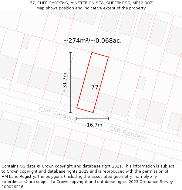 77, CLIFF GARDENS, MINSTER ON SEA, SHEERNESS, ME12 3QZ: Plot and title map