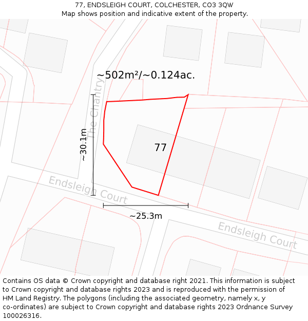 77, ENDSLEIGH COURT, COLCHESTER, CO3 3QW: Plot and title map