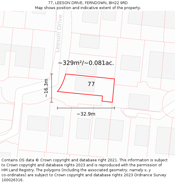 77, LEESON DRIVE, FERNDOWN, BH22 9RD: Plot and title map