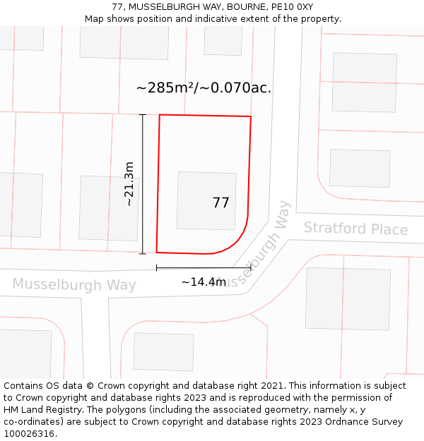 77, MUSSELBURGH WAY, BOURNE, PE10 0XY: Plot and title map