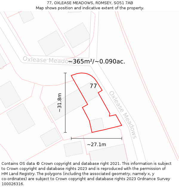 77, OXLEASE MEADOWS, ROMSEY, SO51 7AB: Plot and title map