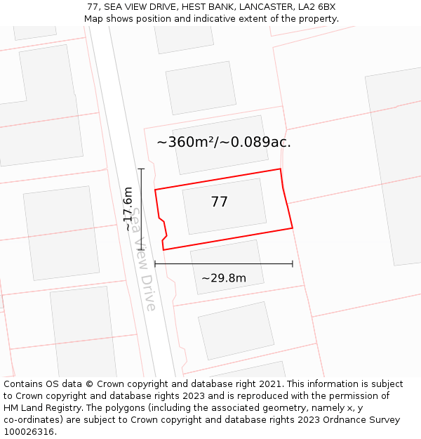 77, SEA VIEW DRIVE, HEST BANK, LANCASTER, LA2 6BX: Plot and title map