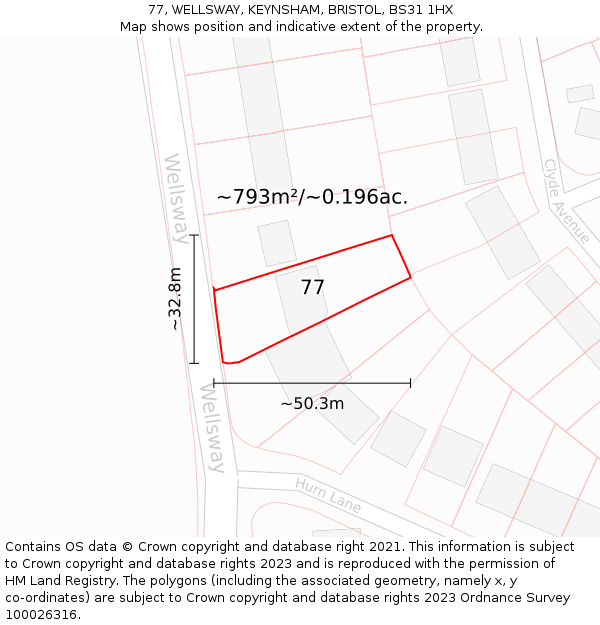 77, WELLSWAY, KEYNSHAM, BRISTOL, BS31 1HX: Plot and title map